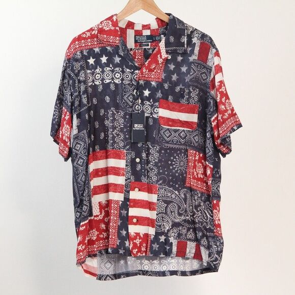Polo by Ralph Lauren Other - NWT Polo Ralph Lauren Classic Fit Patchwork USA FLAG Bandana Camp Shirt, Large